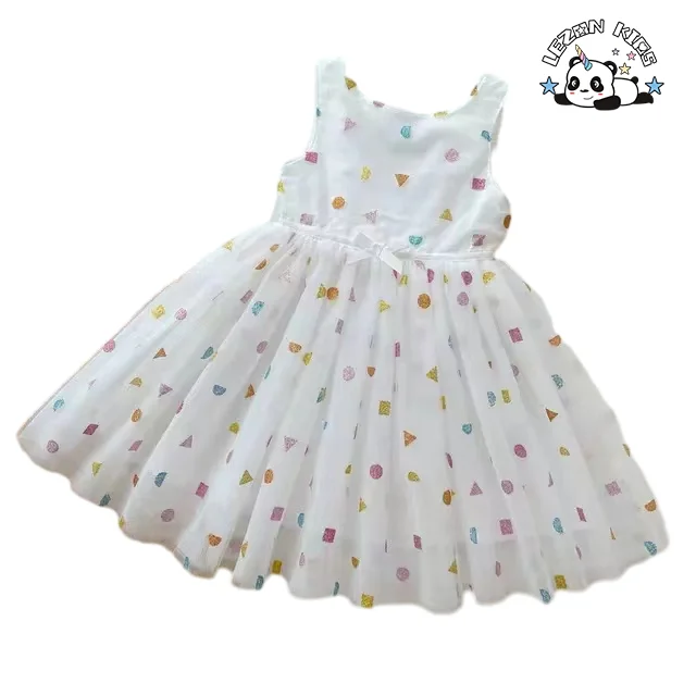 Hot Sale Sleeveless Party Dress Silver Foil Printing Tulle Fabric Girls Dress for Kids