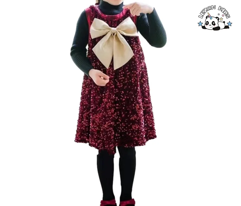 Hot Sale Sleeveless Sequined Customized Color Red Party Elegant Bow Velvet Girls Dresses for Winter - Product Image