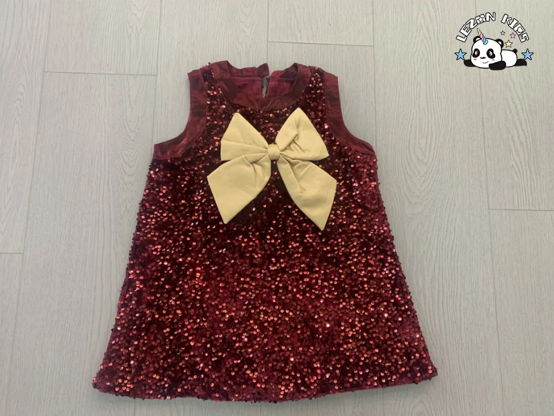 Hot Sale Sleeveless Sequined Customized Color Red Party Elegant Bow Velvet Girls Dresses for Winter - Product Image
