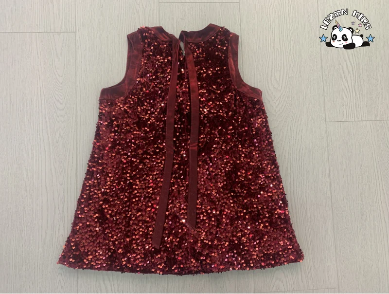 Hot Sale Sleeveless Sequined Customized Color Red Party Elegant Bow Velvet Girls Dresses for Winter - Product Image