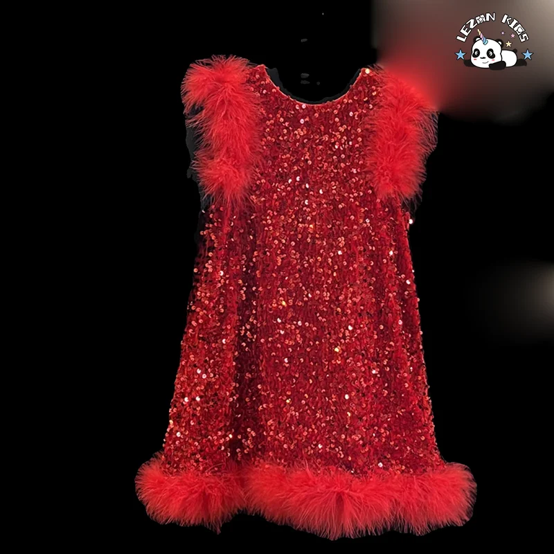 Hot Sales Velvet Autumn Girls Vest Dress Sequin Print Feather Decoration Princess Girls Dress - Product Image