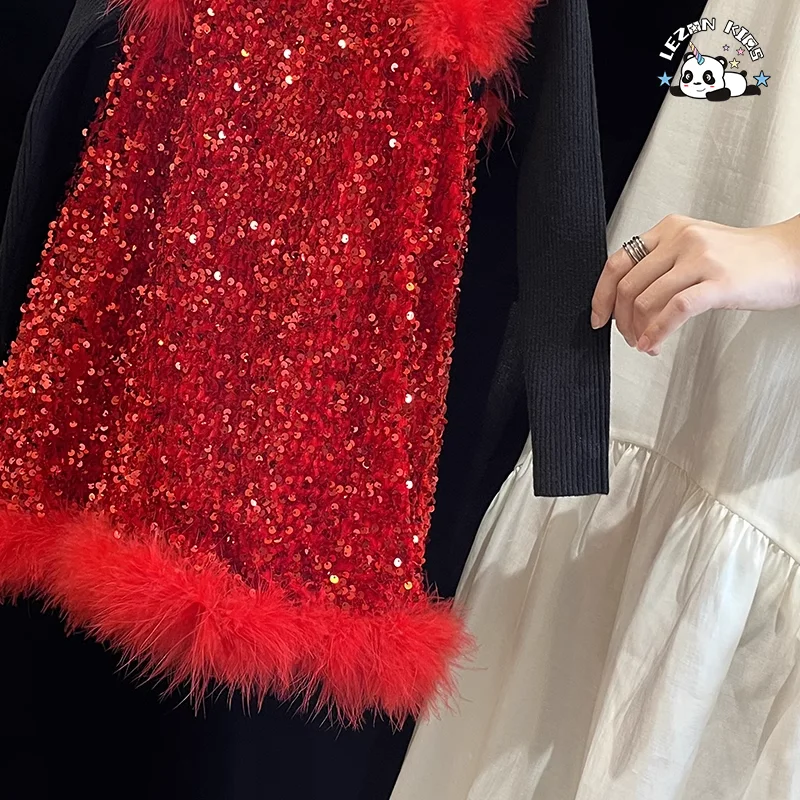 Hot Sales Velvet Autumn Girls Vest Dress Sequin Print Feather Decoration Princess Girls Dress - Product Image