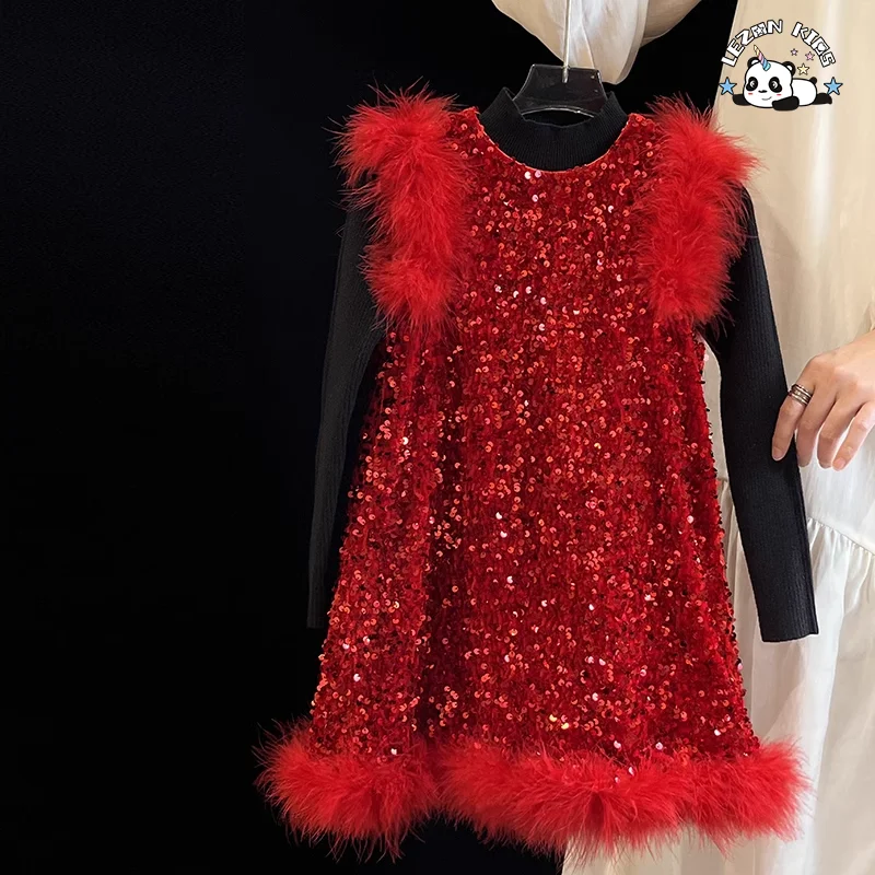 Hot Sales Velvet Autumn Girls Vest Dress Sequin Print Feather Decoration Princess Girls Dress - Product Image