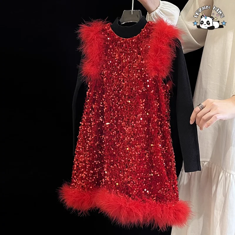 Hot Sales Velvet Autumn Girls Vest Dress Sequin Print Feather Decoration Princess Girls Dress - Product Image