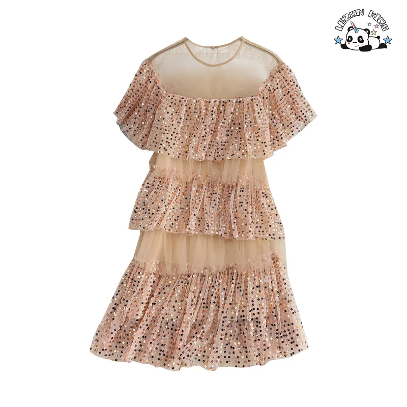 Venda quente vestido de meninas de saia curta de fada com lantejoulas doces de malha de gola de uma linha para 2 a 14 anos