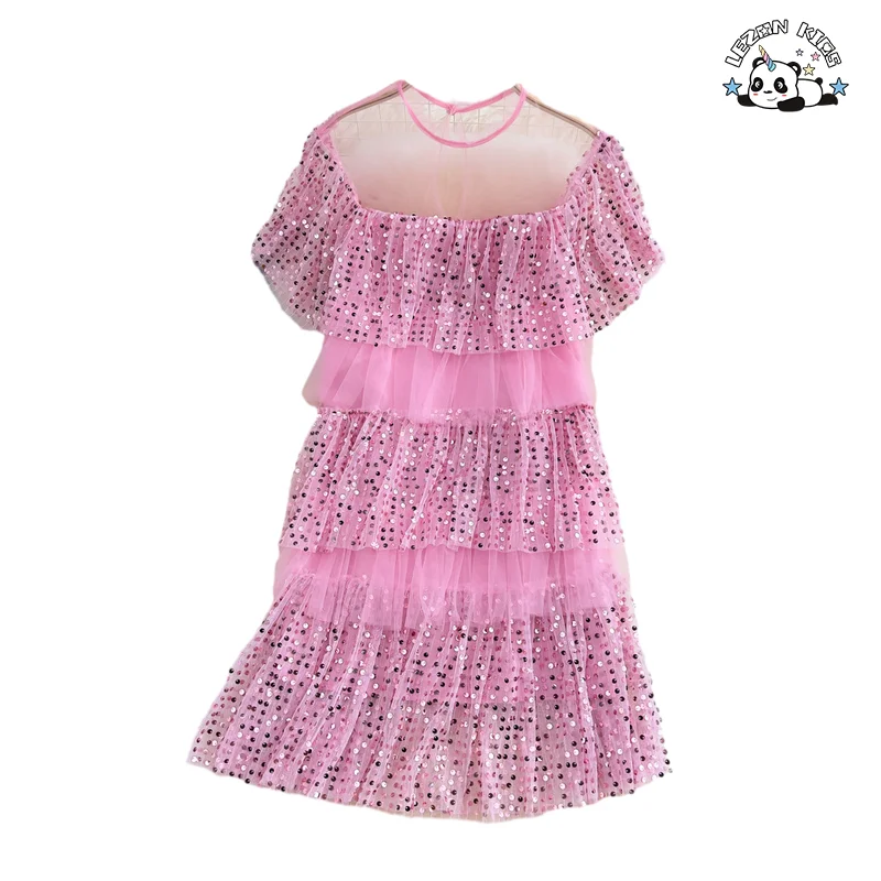 Venda quente vestido de meninas de saia curta de fada com lantejoulas doces de malha de gola de uma linha para 2 a 14 anos - Product Image