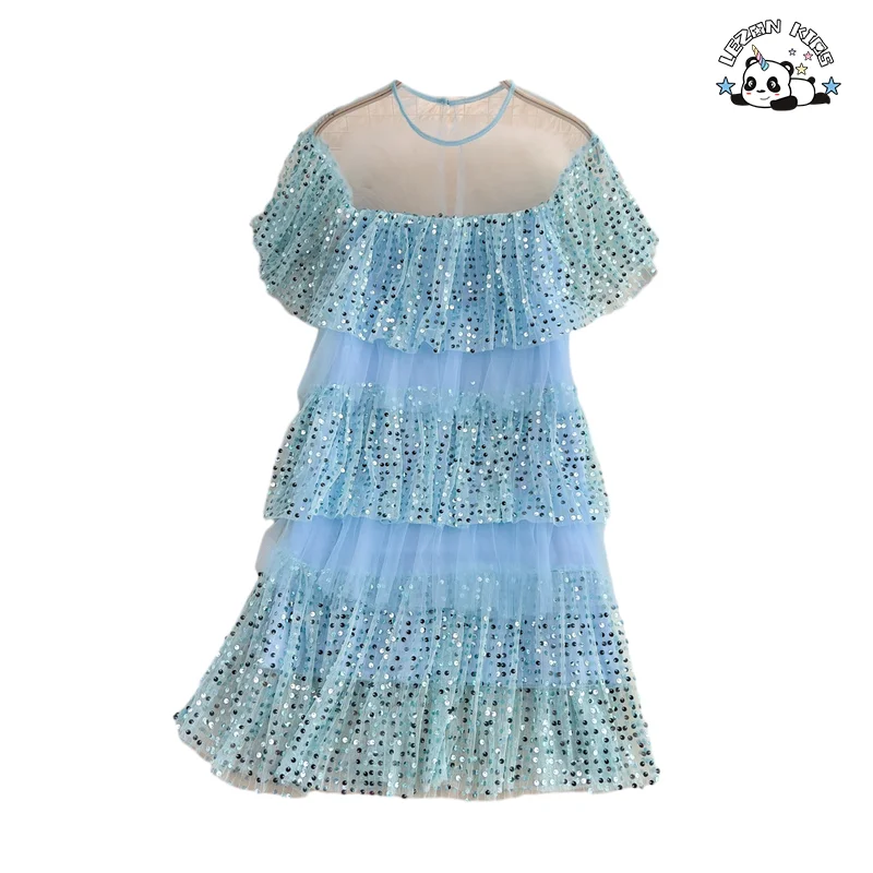 Venda quente vestido de meninas de saia curta de fada com lantejoulas doces de malha de gola de uma linha para 2 a 14 anos - Product Image