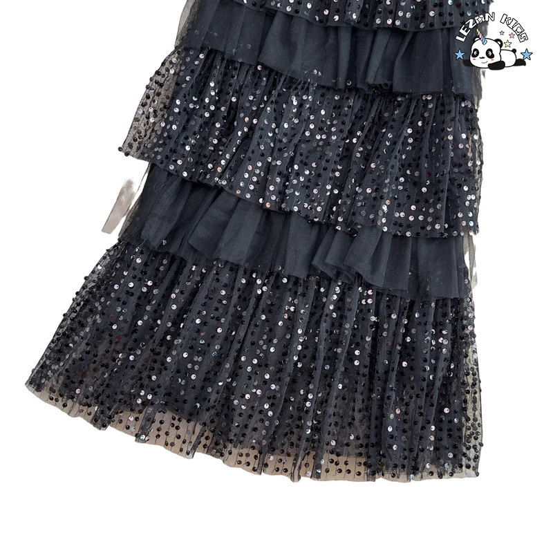Venda quente vestido de meninas de saia curta de fada com lantejoulas doces de malha de gola de uma linha para 2 a 14 anos - Product Image
