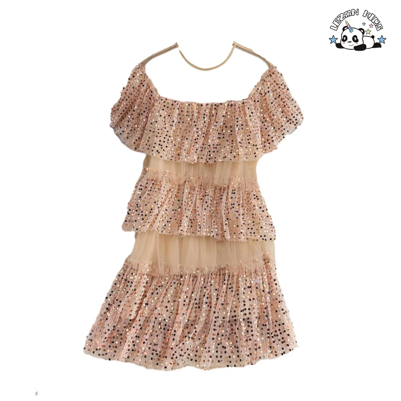 Venda quente vestido de meninas de saia curta de fada com lantejoulas doces de malha de gola de uma linha para 2 a 14 anos - Product Image