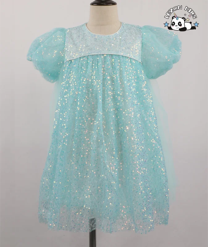Hot Selling Product Short Puff Sleeve Sequin Patches Tutu Girls Dress for 2-14y Customize Dress