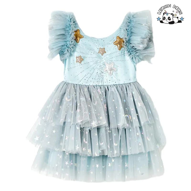 Vestido de Aniversário Infantil com Estrelas Brilhantes e Impressão Glitter para Meninas, Vestidos de Tule para o Verão