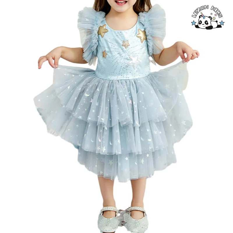 Vestido de Aniversário Infantil com Estrelas Brilhantes e Impressão Glitter para Meninas, Vestidos de Tule para o Verão - Product Image