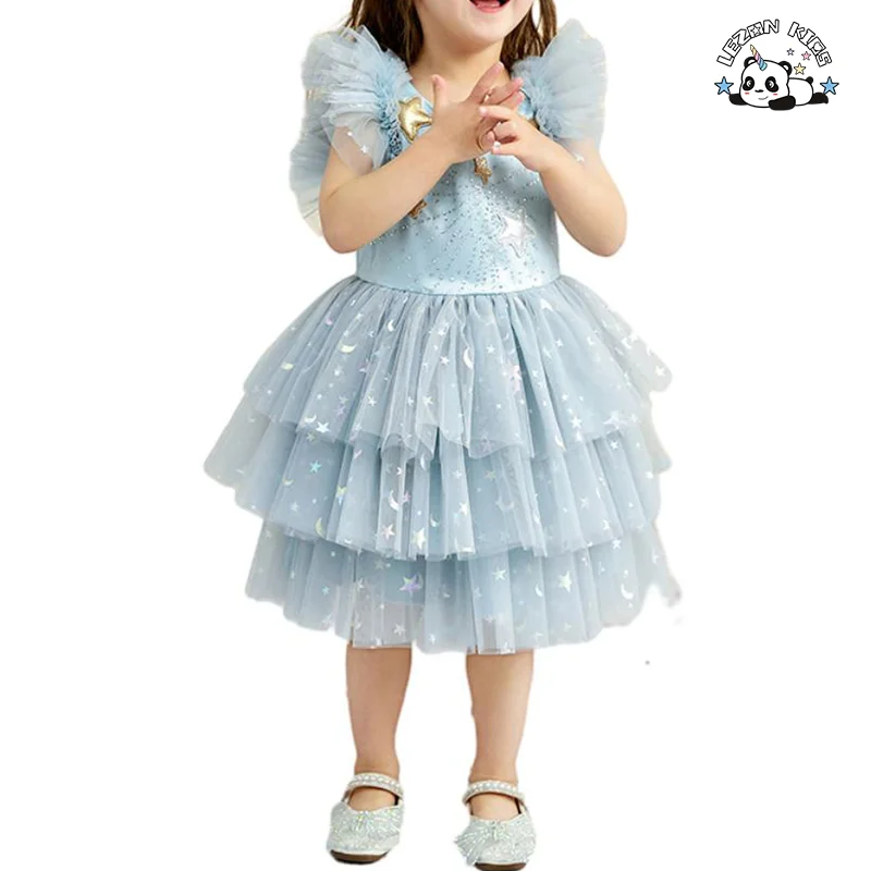 Vestido de Aniversário Infantil com Estrelas Brilhantes e Impressão Glitter para Meninas, Vestidos de Tule para o Verão - Product Image