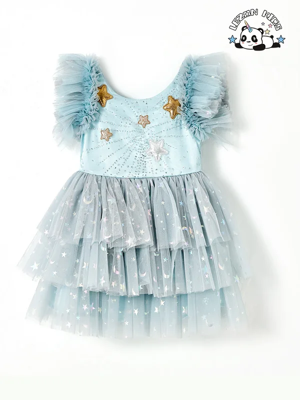 Vestido de Aniversário Infantil com Estrelas Brilhantes e Impressão Glitter para Meninas, Vestidos de Tule para o Verão - Product Image