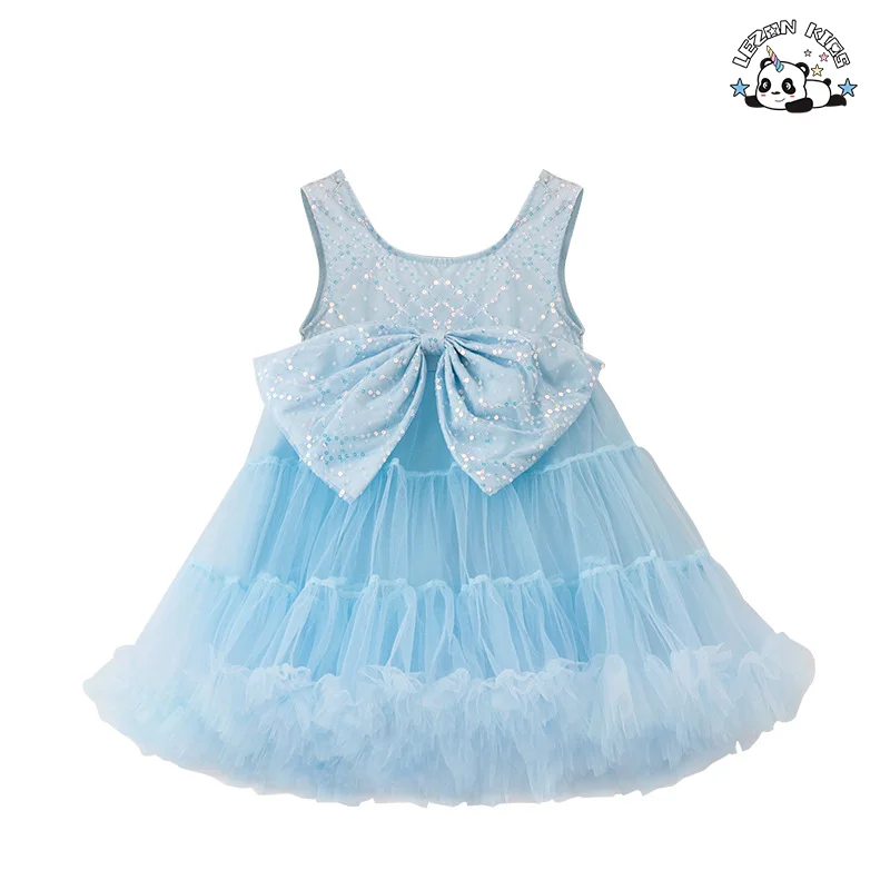 Hot Selling Sleeveless Sequin Super Fairy Bow Gauze Party Princess Girls Dress For 2-14T Kids
