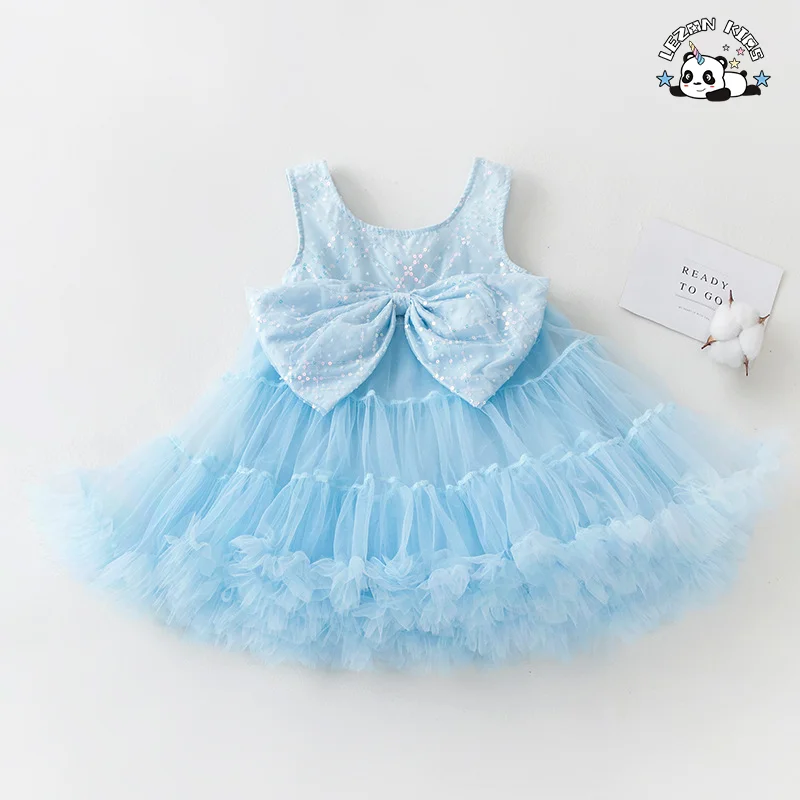 Hot Selling Sleeveless Sequin Super Fairy Bow Gauze Party Princess Girls Dress For 2-14T Kids - Product Image