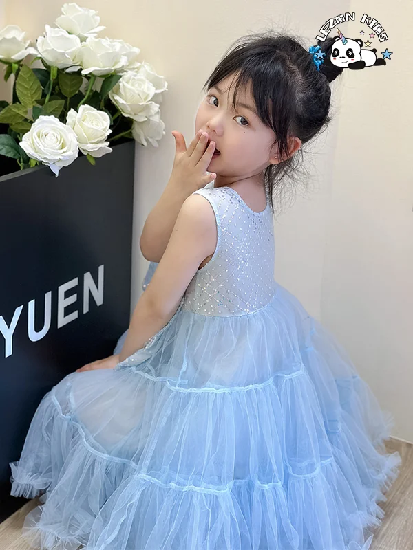 Hot Selling Sleeveless Sequin Super Fairy Bow Gauze Party Princess Girls Dress For 2-14T Kids - Product Image