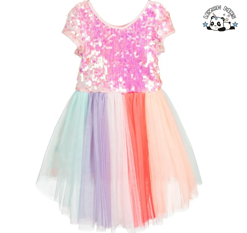 Vestido de Tule com Corpeto de Jersey e Lantejoulas Iridescentes, Corte Alto-Baixo e Listras Coloridas para Meninas - Product Image