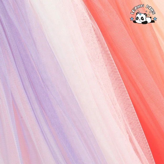 Vestido de Tule com Corpeto de Jersey e Lantejoulas Iridescentes, Corte Alto-Baixo e Listras Coloridas para Meninas - Product Image