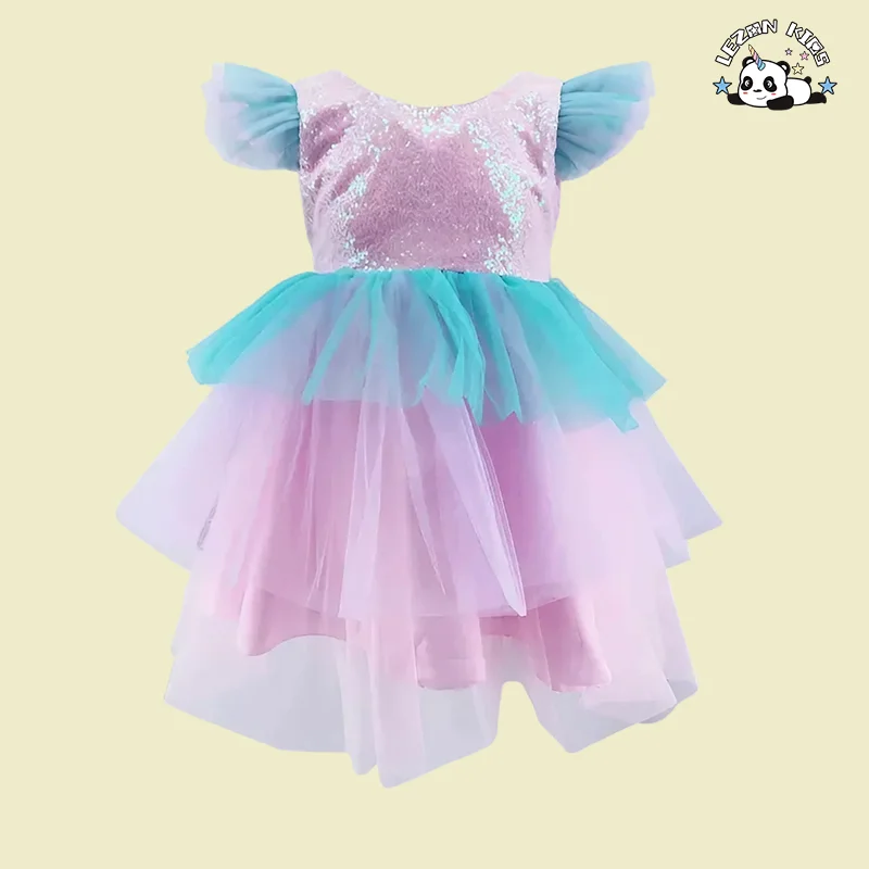 Vestido de Criança com Lantejoulas Coloridas e Mangas Bufantes Azul Rosa Camadas para Festa de Aniversário Vestidos de Princesa para Meninas