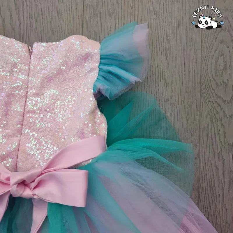 Vestido de Criança com Lantejoulas Coloridas e Mangas Bufantes Azul Rosa Camadas para Festa de Aniversário Vestidos de Princesa para Meninas - Product Image