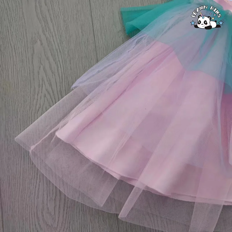 Vestido de Criança com Lantejoulas Coloridas e Mangas Bufantes Azul Rosa Camadas para Festa de Aniversário Vestidos de Princesa para Meninas - Product Image