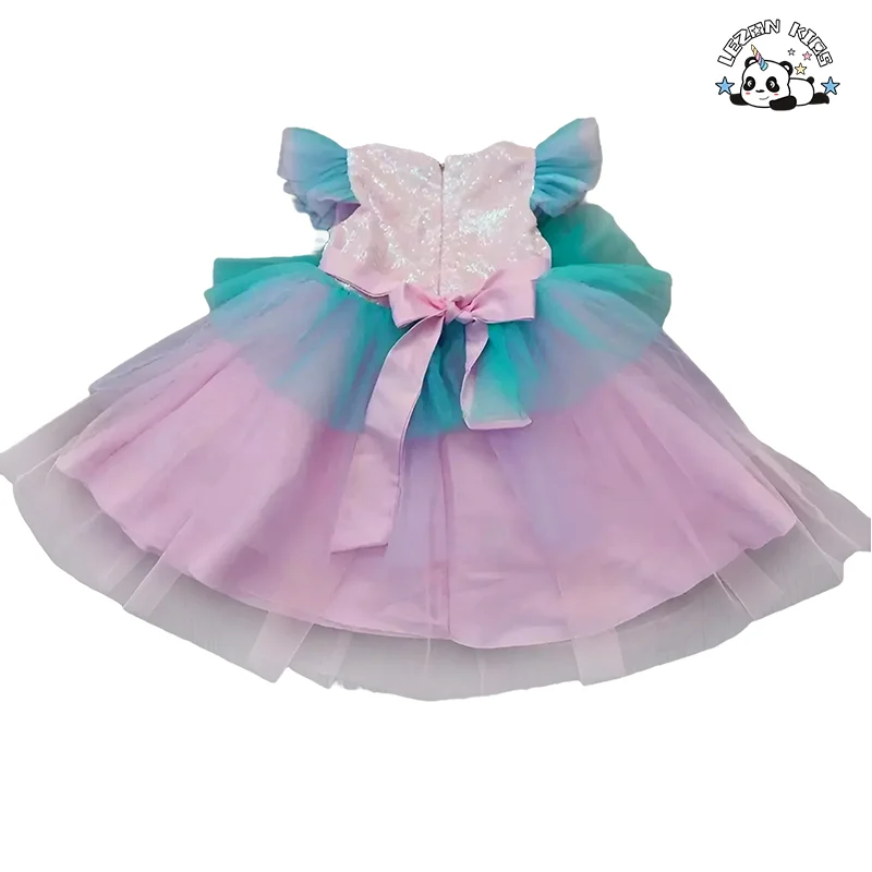 Vestido de Criança com Lantejoulas Coloridas e Mangas Bufantes Azul Rosa Camadas para Festa de Aniversário Vestidos de Princesa para Meninas - Product Image