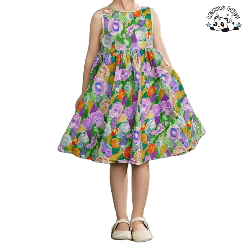 Kid Girls' Dress Customizable Summer New Fashion Colorful Printing Cotton Sleeveless Princess Dress for Girls - Product Image