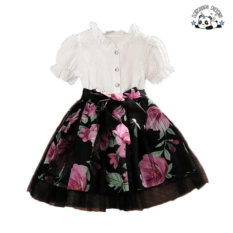 Kids Clothing Girls Cotton Polyester Ruffle Collar Sleeve Shirt Tulle Flower Print Skirt Girls Set Dresses for Kids Girls Custom