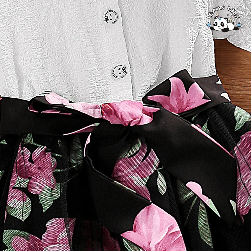 Kids Clothing Girls Cotton Polyester Ruffle Collar Sleeve Shirt Tulle Flower Print Skirt Girls Set Dresses for Kids Girls Custom - Product Image