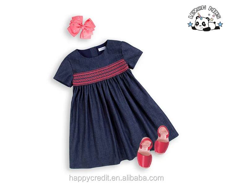 Roupas infantis manga curta smocking vestido de jeans azul para meninas - Product Image