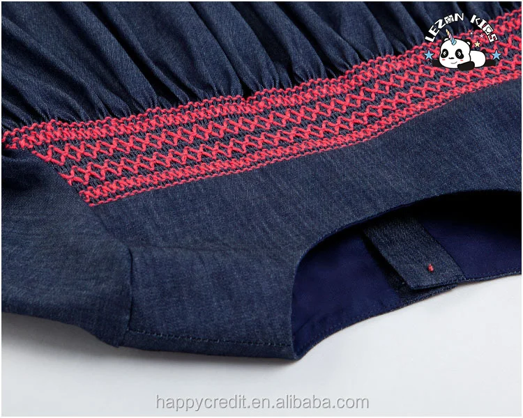 Roupas infantis manga curta smocking vestido de jeans azul para meninas - Product Image