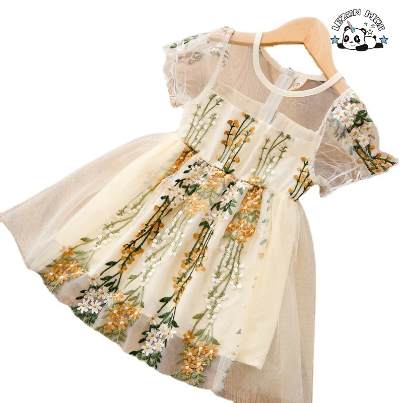 Kids Clothing Wholesale Summer Dress Girl Flower Embroidery Tulle Dresses for Kids Girls