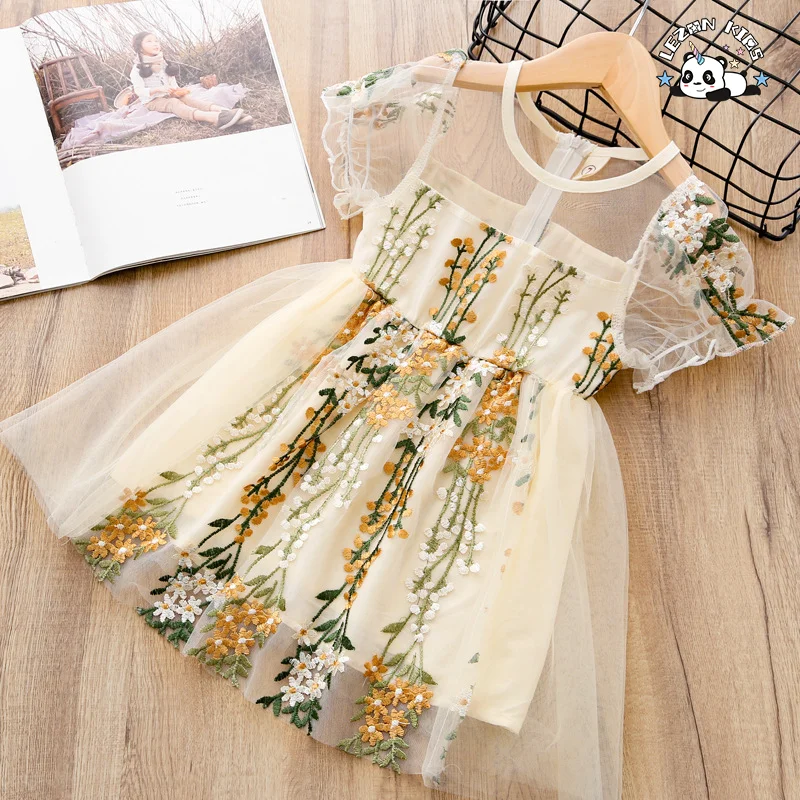 Kids Clothing Wholesale Summer Dress Girl Flower Embroidery Tulle Dresses for Kids Girls - Product Image