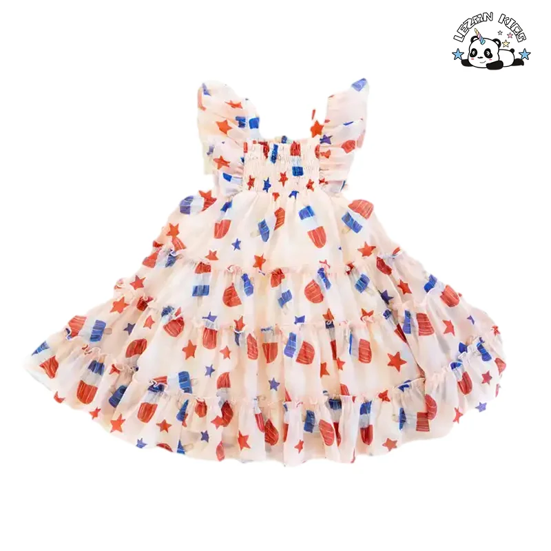 Vestido Floral Com Smocking Para Meninas Com Gola de Babados Verão Roupas Feitas à Mão para 2-14 anos
