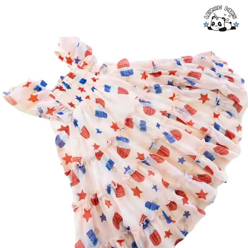 Vestido Floral Com Smocking Para Meninas Com Gola de Babados Verão Roupas Feitas à Mão para 2-14 anos - Product Image