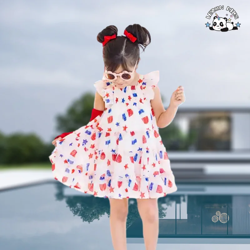 Vestido Floral Com Smocking Para Meninas Com Gola de Babados Verão Roupas Feitas à Mão para 2-14 anos - Product Image