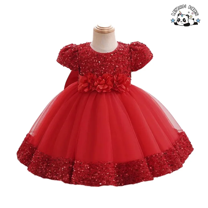 Kids Tulle Dress Puff Short Sleeve Sequins Birthday Party Dress Flower Waistband Ball Gown Wedding Flower Girl Dress