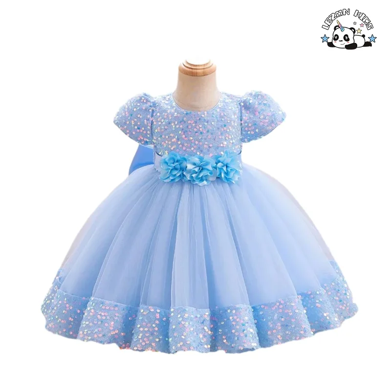 Kids Tulle Dress Puff Short Sleeve Sequins Birthday Party Dress Flower Waistband Ball Gown Wedding Flower Girl Dress - Product Image
