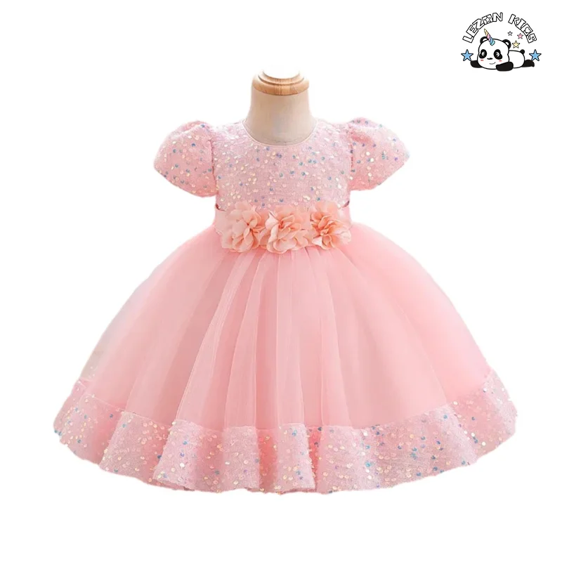 Kids Tulle Dress Puff Short Sleeve Sequins Birthday Party Dress Flower Waistband Ball Gown Wedding Flower Girl Dress - Product Image