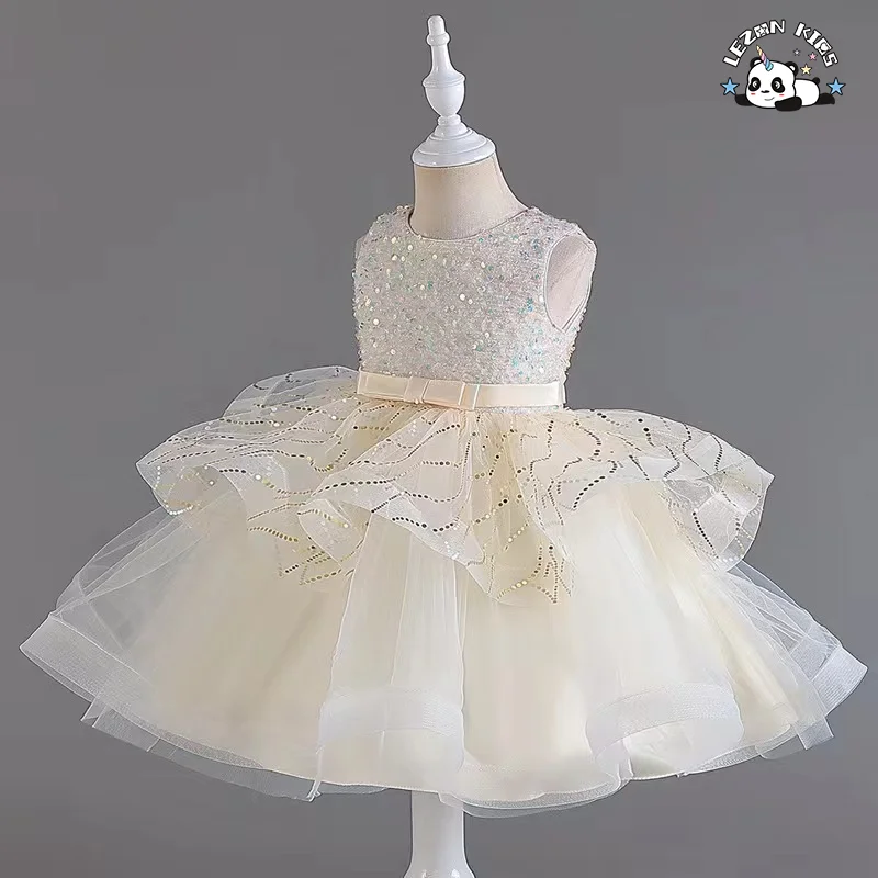 Latest Design Sparkling Sleeveless Dress Ivory Flower and Tulle Flower Girl Ball Gown Dress - Product Image