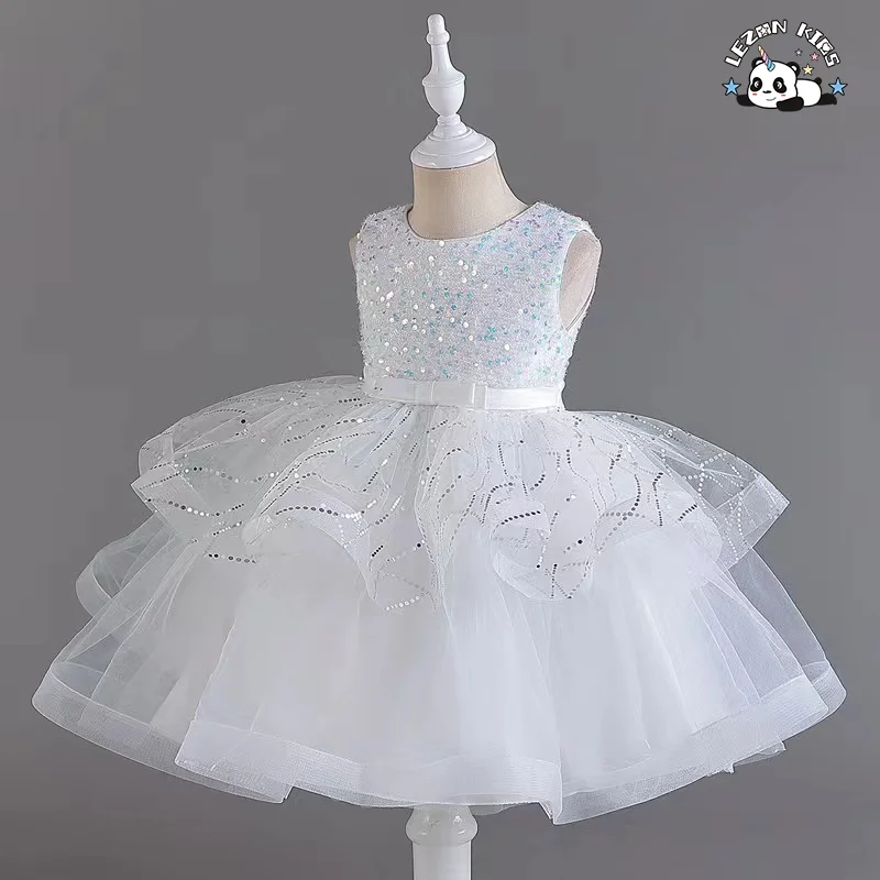 Latest Design Sparkling Sleeveless Dress Ivory Flower and Tulle Flower Girl Ball Gown Dress - Product Image