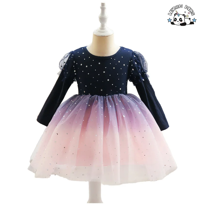 Long Sleeve Tulle Sequin Dresses for Kids High Quality Casual Girls Clothing for Party or Birthday Sizes 2-14