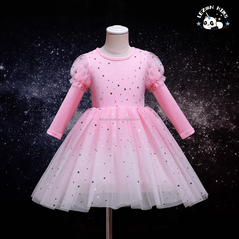 Long Sleeve Tulle Sequin Dresses for Kids High Quality Casual Girls Clothing for Party or Birthday Sizes 2-14 - Product Image