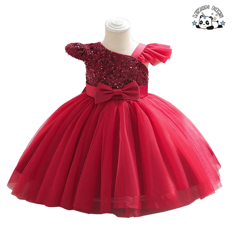 Vestido Vermelho de Criança para Casamento com Manga Curta e Lantejoulas para Verão