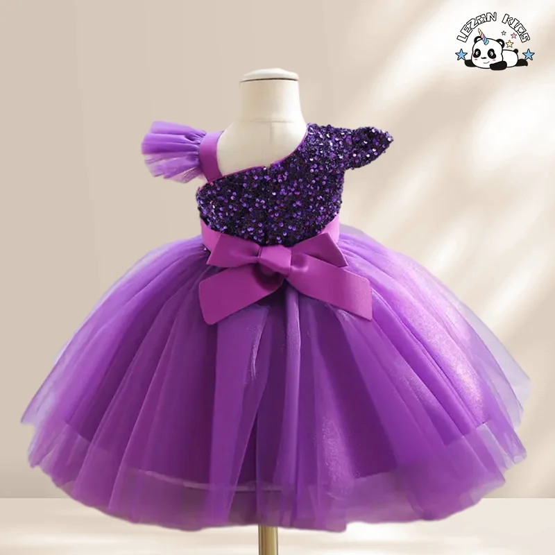 Vestido Vermelho de Criança para Casamento com Manga Curta e Lantejoulas para Verão - Product Image