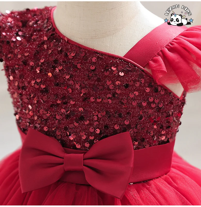 Vestido Vermelho de Criança para Casamento com Manga Curta e Lantejoulas para Verão - Product Image