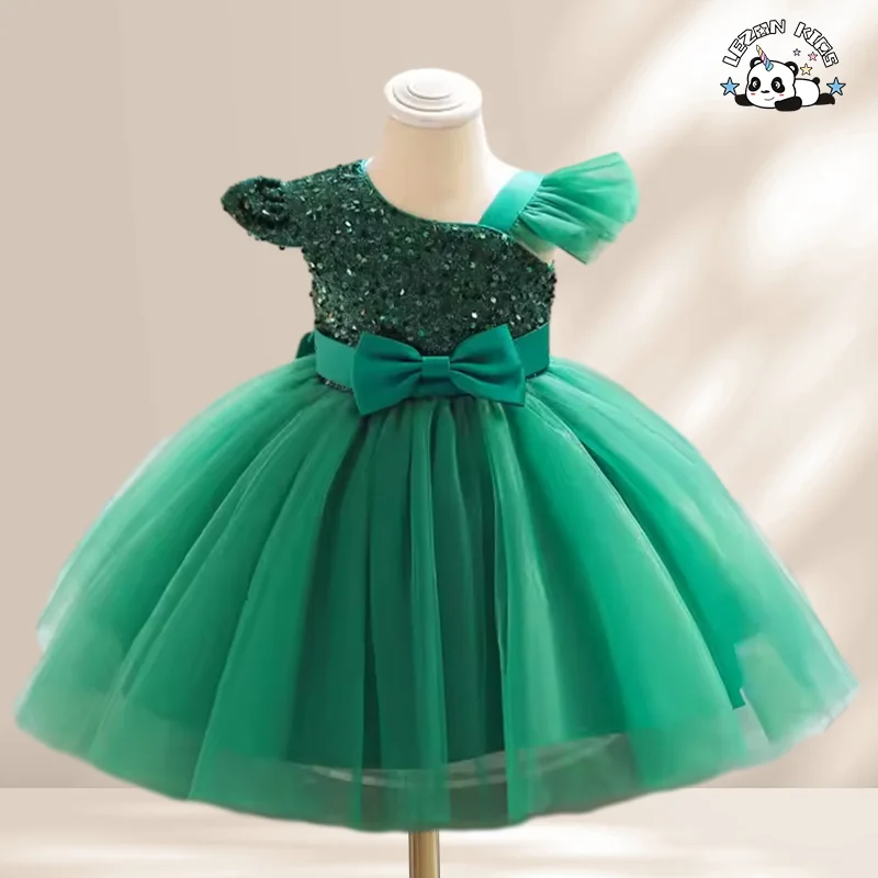 Vestido Vermelho de Criança para Casamento com Manga Curta e Lantejoulas para Verão - Product Image