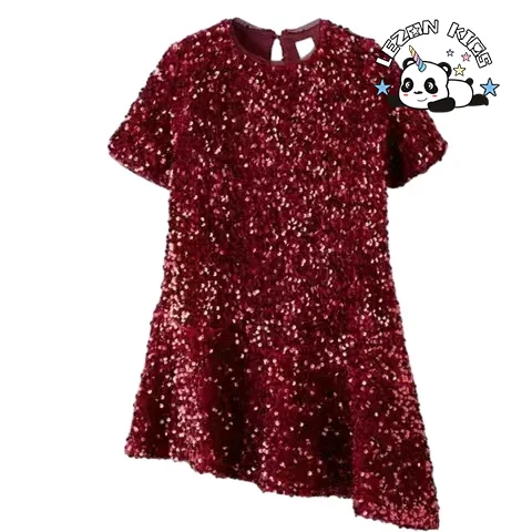 Manufacture Direct Short Sleeve Sweet Style Kids Clothing Sequin Fabric Girls Party Dress for 2-8T