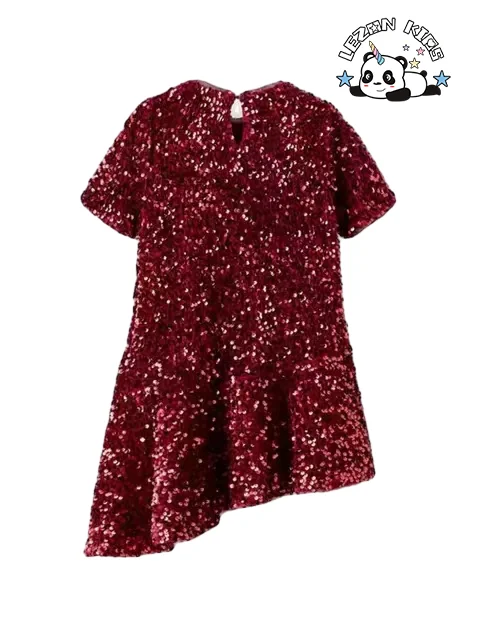 Manufacture Direct Short Sleeve Sweet Style Kids Clothing Sequin Fabric Girls Party Dress for 2-8T - Product Image